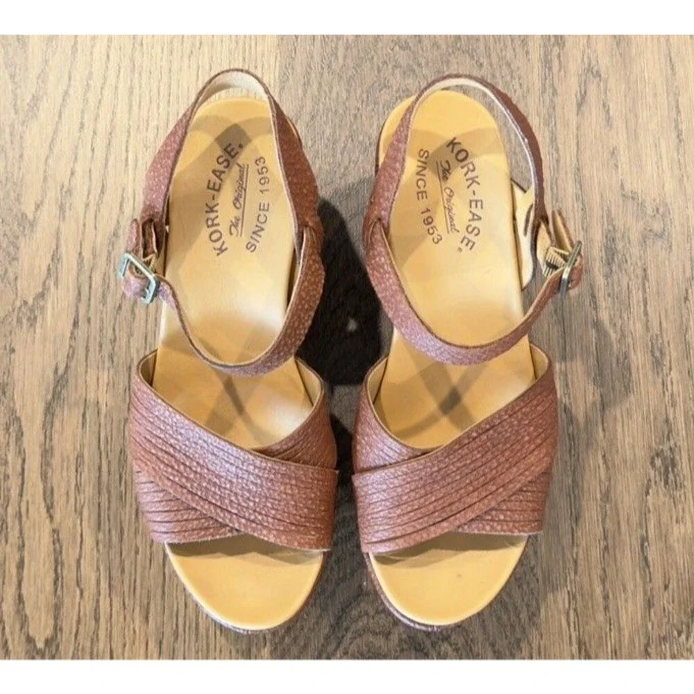 Kork-Ease Adelphi Leather Wedge Sandals Womens Sz 7M Brown Ankle Strap Platform